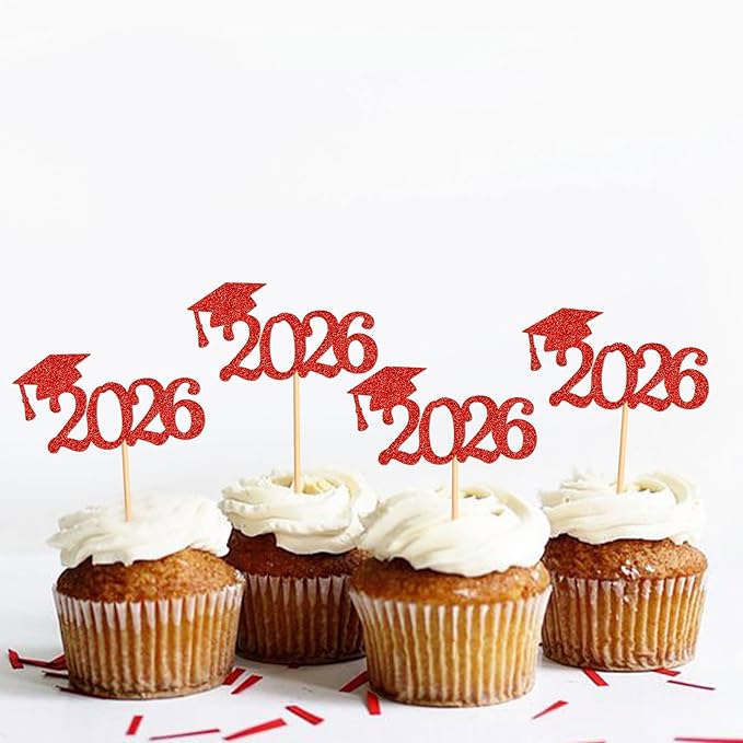 24 Pcs graduation cupcake toppers 2026, Food/Appetizer Picks For Graduation Party Mini Cake Decorations, 2026 Cupcake Toppers(Red)