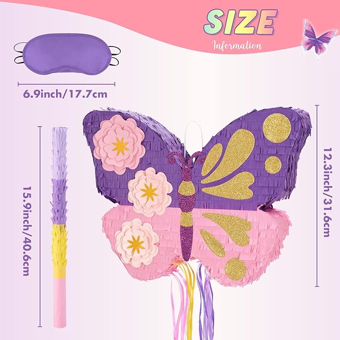 WERNNSAI Butterfly Piñata - Butterfly Birthday Party Supplies Piñata with Stick and Blindfold for Girls Kids Pull String Piñata Family Games Classroom Birthday Party Decorations 16.4” x 12.4”