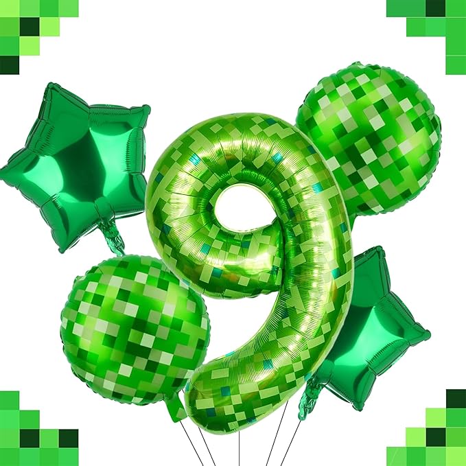 40 Inch Green Pixel Miner Number 9 Foil Balloon Set 5Pcs Large Mylar Mining Theme 9th Number Balloons Pixel Cubes Video Game Birthday Party Decorations