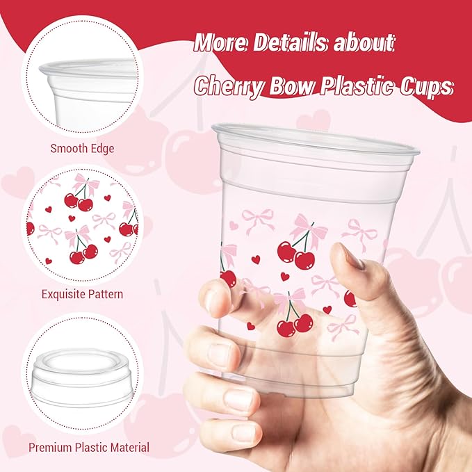 50Pcs Cherry Bow Cups, 12oz Cherry Plastic Cups for Birthday Party Supplies Wedding Bridal Engagement Drinkware Decoration