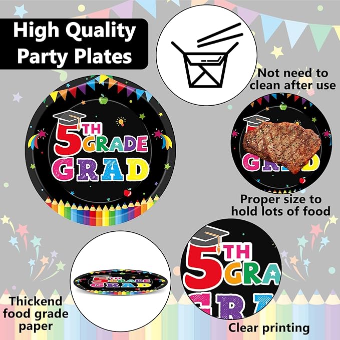 96 Pieces 5th Grade Graduation Party Supplies for 24 Guests Fifth Grade Tableware Plates Napkins Graduation Dinnerware Table Decorations for Classroom 5th Graduation Congrats Grad Party Favors