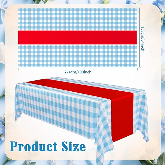 Blue and White Plaid Runner Tablecloth 54 x 108 Inch Wall Backdrop Waterproof Rectangle Disposable Cover, Princess Decorations Party Supplies for Halloween Cosplay Party(Blue, Red, 3 Pcs)