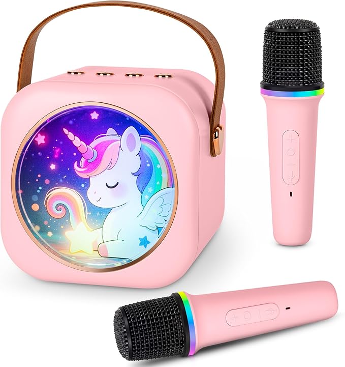 Mini Karaoke Machine with 2 Wireless Microphones, Portable Bluetooth Speaker for Kids & Adults, Ideal Birthday for Girls Boys Ages 3-12, Home Party Travel Entertainment Toy(Pink)