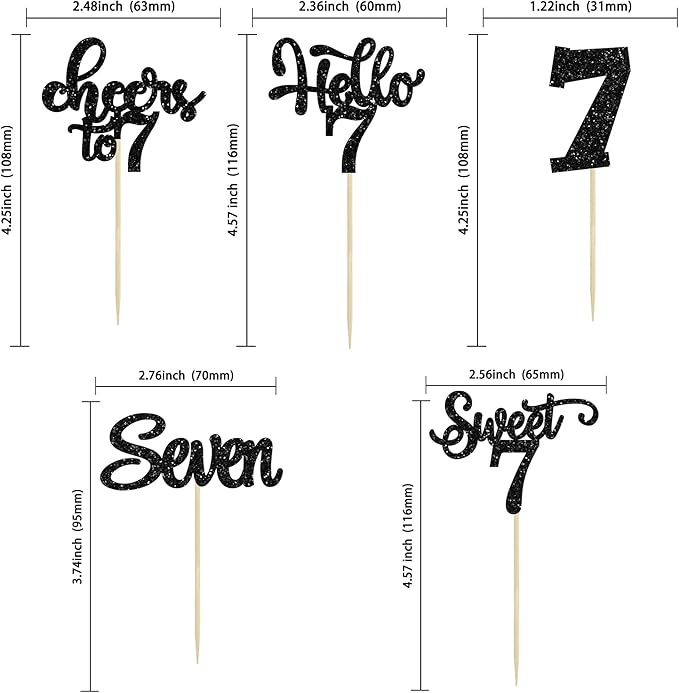 30Pcs 7th Birthday Cupcake Toppers Glitter Seven Happy 7 Cupcake Picks Cheers to 7 Years Old Cake Decorations for 7th Birthday Party Supplies Black