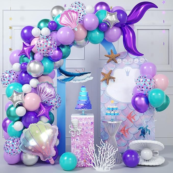 Mermaid Balloon Arch Kit with Tail Mermaid Theme Balloon Garland Pastel Pink Purple Blue Green Metallic Silver Latex Balloons Confetti Shell Foil Balloon Under the Sea Party Decorations Girls Birthday