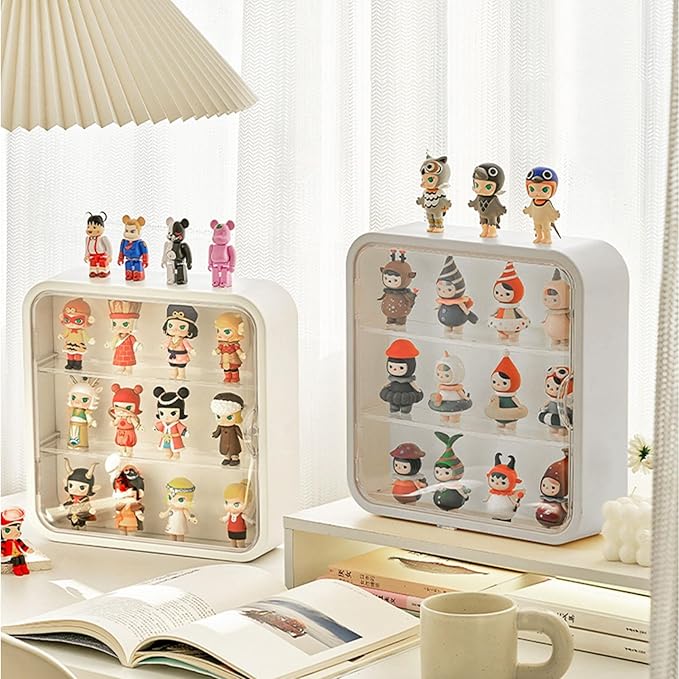 Clear Display Case for Figures, Collectibles Display Box with Shelves, 12 Inch Wall Mounted or Desktop Plastic Organizer, Miniature Acrylic Display Storage Case for Rock Stone Mini Figure, White
