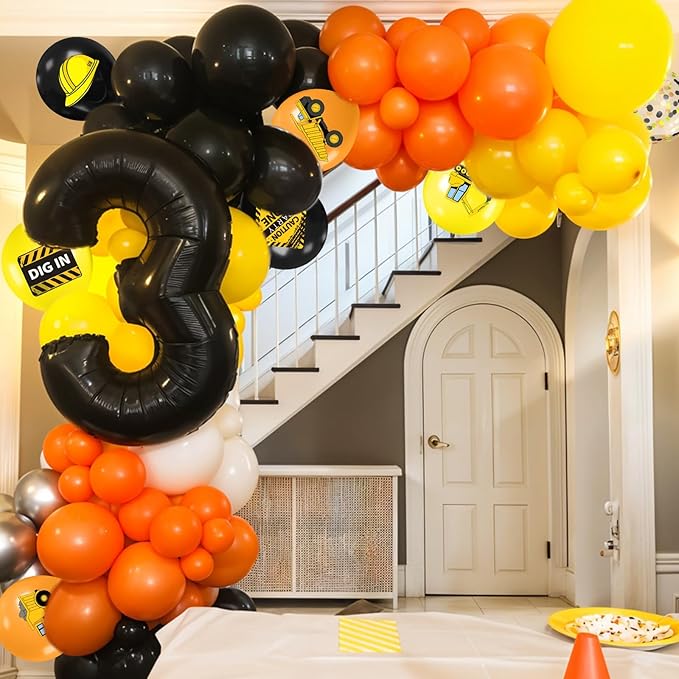 Construction Balloons, 12 Inch Black Yellow Orange Truck Printed Confetti Excavator Balloons for Boy Construction Birthday Party Supplies Excavator Baby Shower Truck Themed Party Decoration Backdrop