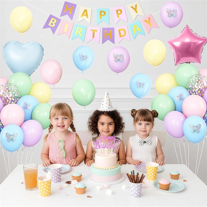 Pastel Rainbow Birthday Decorations,Easter Birthday Balloon Macaron Pink Blue Purple Green Yellow Colorful Confetti Balloons Banner Star Heart Foil Balloon for Baby Shower Easter Party