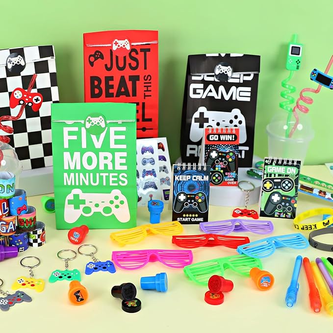 120 PCS Video Game Party Favors, Gamer Gaming Party Favors - Glasses Invisible Ink Pens Notebooks Drinking Straws Stamps Tattoo Stickers Gift Bags for Game On Birthday Parties Favor Supplies