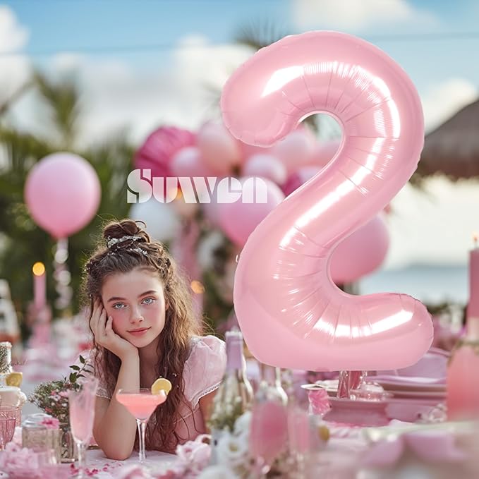 SUWEN 40 Inch Pink Large 2 Number Balloons Big Foil Helium Number Balloons 0-9 Jumbo Happy 2nd Mylar Birthday Party Decorations for Girl Anniversary Party Supplies