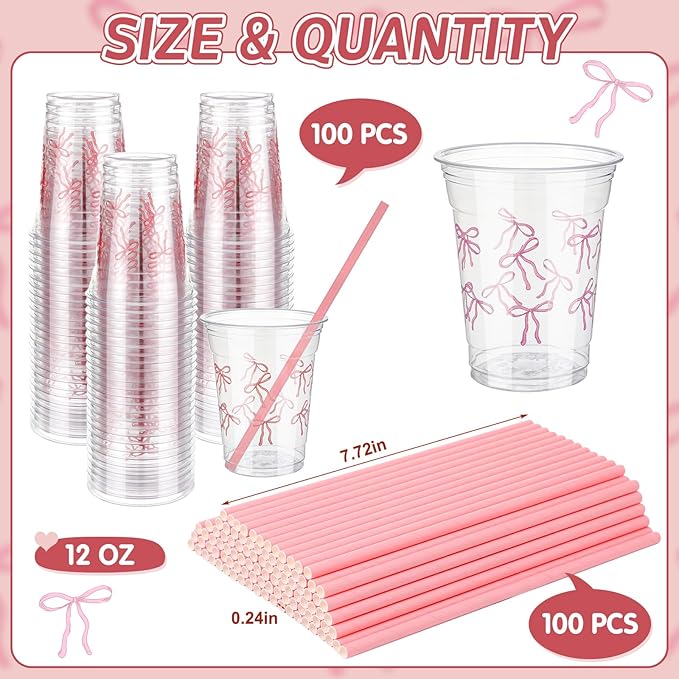 Qinyoung 100 Pcs 12 oz Pink Bow Plastic Cups with Paper Straws for Party Supplies Disposable Coffee Cups Pink Bowknot Drinking for Valentine Mother Baby Shower Birthday Wedding Bridal Party Decor