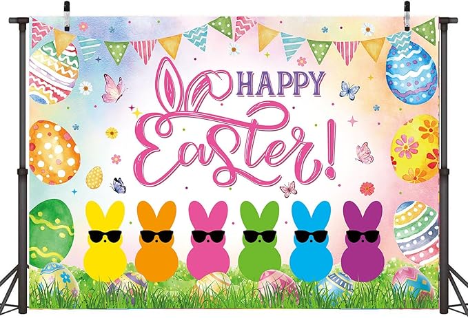 Happy Easter Banner Backdrop 6x4FT Spring Colorful Eggs Bunny Peeps Photography Background Easter Peeps Party Decorations Supplies Photo Props