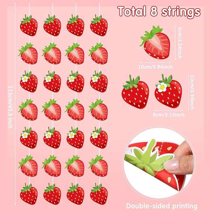 Duraaamo 8 Pack Strawberry Party Banner Decorations Strawberry Back to School Decor Summer Berry Paper Garland Hanging Cutouts Theme Banners for Back to School Baby Shower Party Supplies Decor