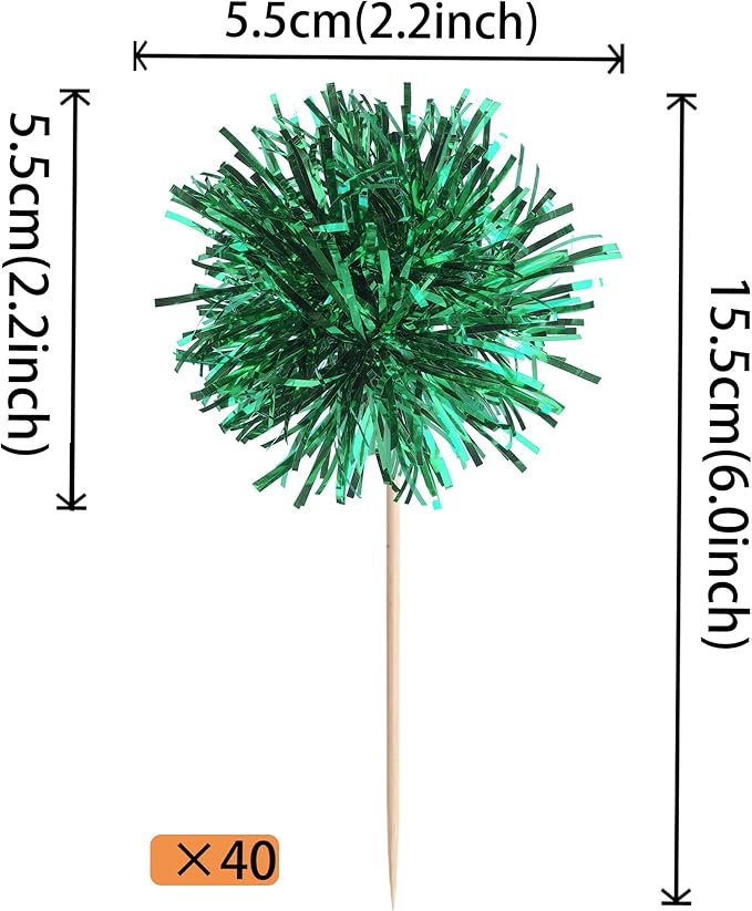 40 PCS Foil Firework Cupcake Toppers Green Sparkler Cupcake Picks Sparkle Tinsel Fireworks Decorations Cocktail Fruit Toothpick for Firework Theme Birthday Wedding Graduation Party Decoration Supplies