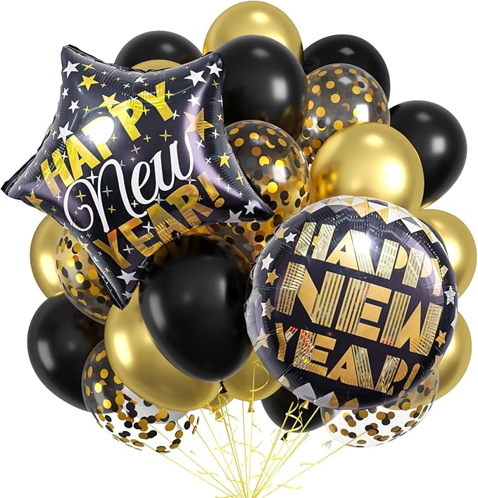 New Year Balloons Back Gold, Happy New Year 2026 Decorations Set, 50 Pcs 12Inch Eve Party Balloon Foil Balloons For 2026 Years Eve Party Supplies Decorations