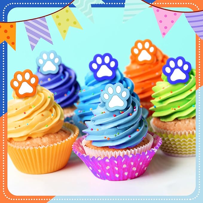48 Pcs Paw Dog Cupcake Rings Toppers Decorations Orange Blue Red Yellow Paw Dog Theme Birthday Cupcake Rings Decorations for Puppy Baby Shower Party Supplies(Light Color)