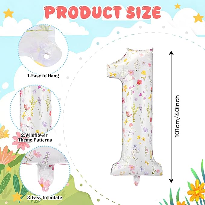 Jenaai Wildflower Number 1 Balloon Birthday Decorations, 1st Flower Balloons for 1st Floral Birthday Party Supplies Spring Summer Picnic Party Decoration