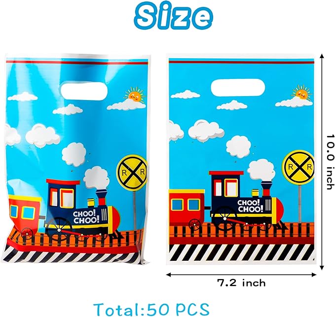 3sscha 50Pcs Train Party Favor Bags Transportation Themed Waterproof Goodie Bag with Die Cut Handles Railway Traffic Glossy Plastic Candy Gift Pack for Kids Birthday Baby Shower Decoration Supplies