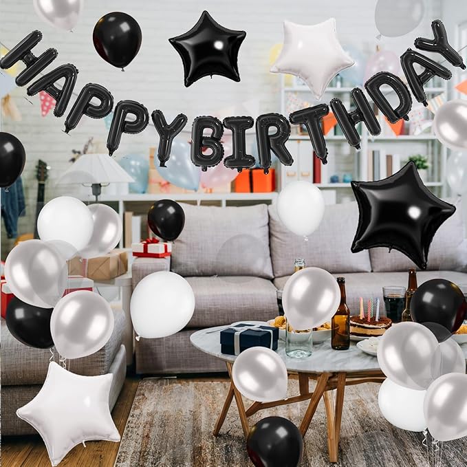 29PC Black Happy Birthday Balloon Banner, 16 Inch 3D Aluminum Letter Banner Sign, Metallic Silver Black White Clear Helium Balloons 18 Inch Star Foil Balloons for Women, Men Party Supply