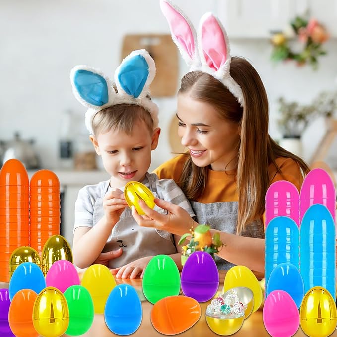 100 PCS 2.4" Plastic Easter Eggs with 6 Golden Eggs, Empty Fillable Bright Colorful Eggs for Kids Boys Girls Easter Hunt Classroom Prizes Basket Stuffers Easter Party Favors