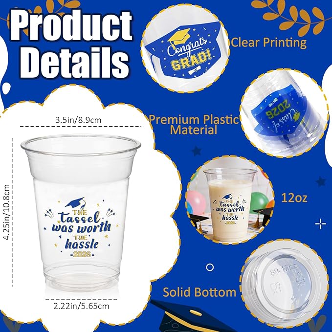 GuassLee Blue and Gold Graduation Decorations 2026 Party Cups - 50pcs 12 Oz Blue Gold Yellow Disposable Graduation Plastic Cups for Drinks Class of 2026 Grad Party Favors Supplies