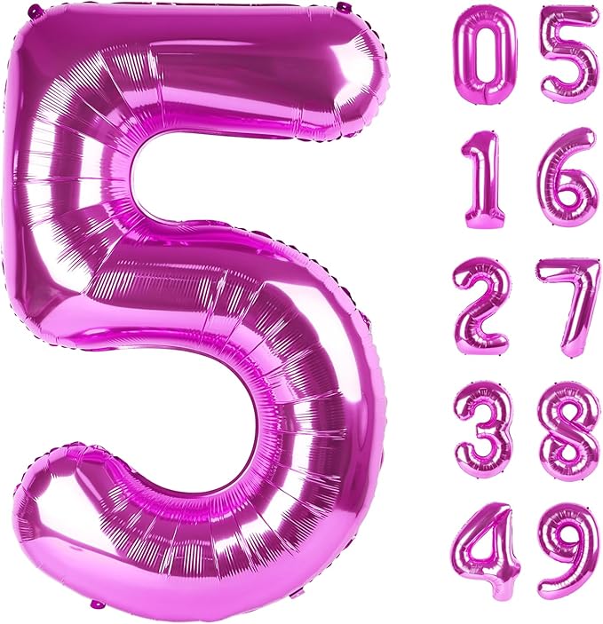 Rosy Purple 40 Inch Large Number 5 Birthday Balloon, Five 5th 15 25 35 50 55 Birthday Celebration Decorations, Rosy Purple Foil 5 Mylar Helium Balloons Girl Boy Anniversary Party Supplies