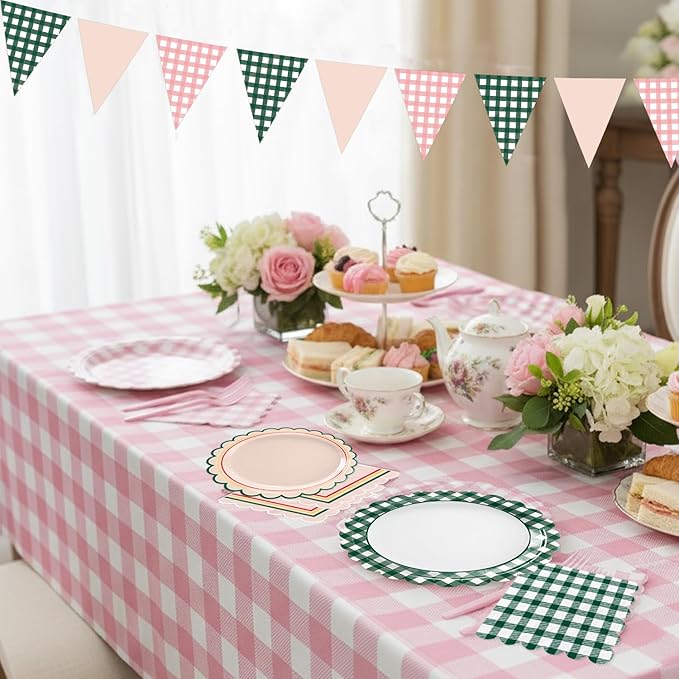 102 PCS Camp Bachelorette Decorations - Scalloped Gingham Plates, Napkins, Cups, Banner, Gingham Tablecloths for Baby Shower, Wedding, Birthday, Serves 25