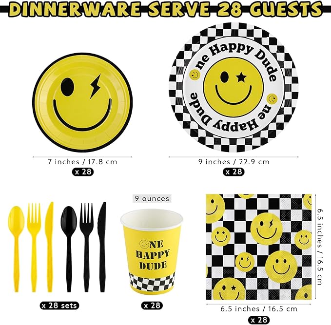 durony 196 Pieces One Happy Dude Birthday Party Decorations First Birthday Smile Face Party Tableware Set Smiley Plates Cups Napkins Forks for One Happy Dude Party, 1st Party, Serve 28 Guest