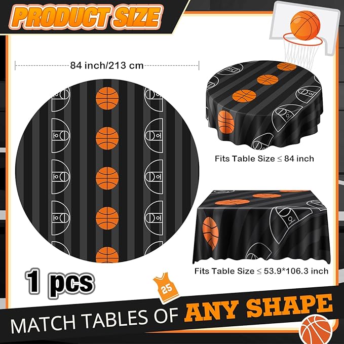 1 Pack Round Basketball Tablecloth 84 Inch Plastic Basketball Party Decorations Disposable Table Cloth Washable Disposable Circle Table Cover for Birthday Party Supplies Decoration
