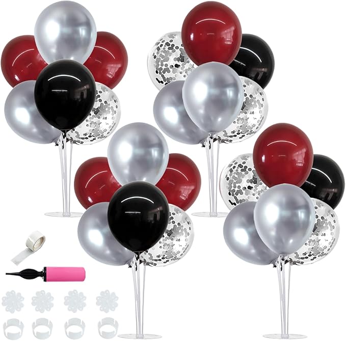 TONIFUL 4 Set Burgundy Red Black Silver Balloon Stand Centerpiece Table Decorations for Graduation Decoration 2026,Christmas Party Decoration,Casino,Halloween,New Year,Anniversary,Birthday Decorations