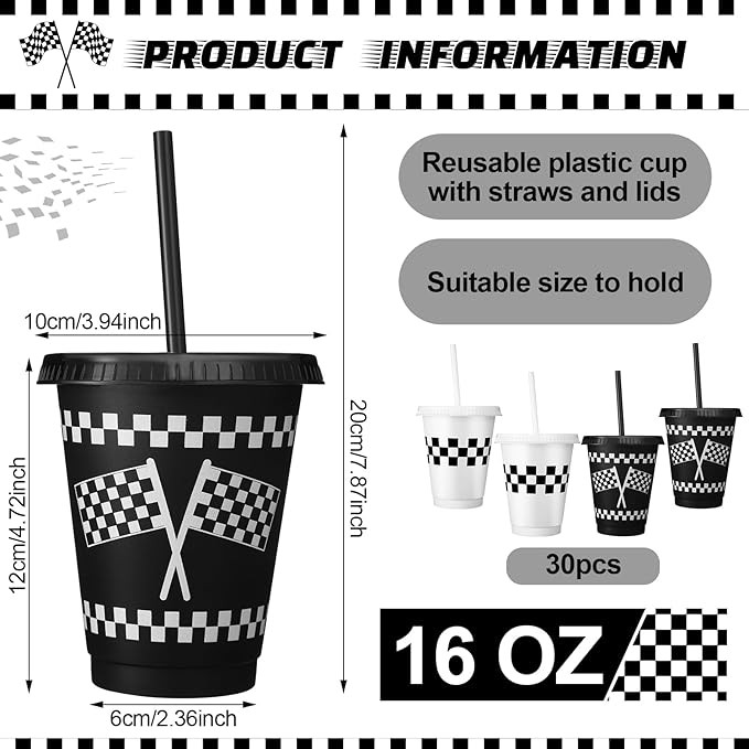 Sieral 30 Pcs Checkered Cups with Straws and Lids 16 oz Race Car Cups White Black Checkered Flag Plastic Tumblers Reusable Iced Coffee Travel Mug for Racing Party Supplies Decorations
