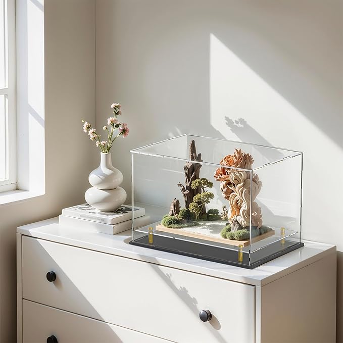 Acrylic Display Case with Lift-up Showing Platform ANG Golden Feet, Dust-Proof Clear Box for Soccer, Rugdyball, Football, Figurines, and Memorabilia (12" Lx8 Wx9.6 H)