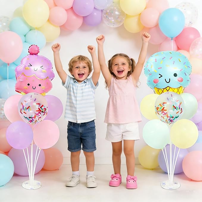 Ice Cream Party Balloons Stand for Table 2 Sets with 2 Ice Cream Foil Balloons 14 Pastel Latex Balloons for Sweet One Birthday Girl Baby Shower Party Decorations