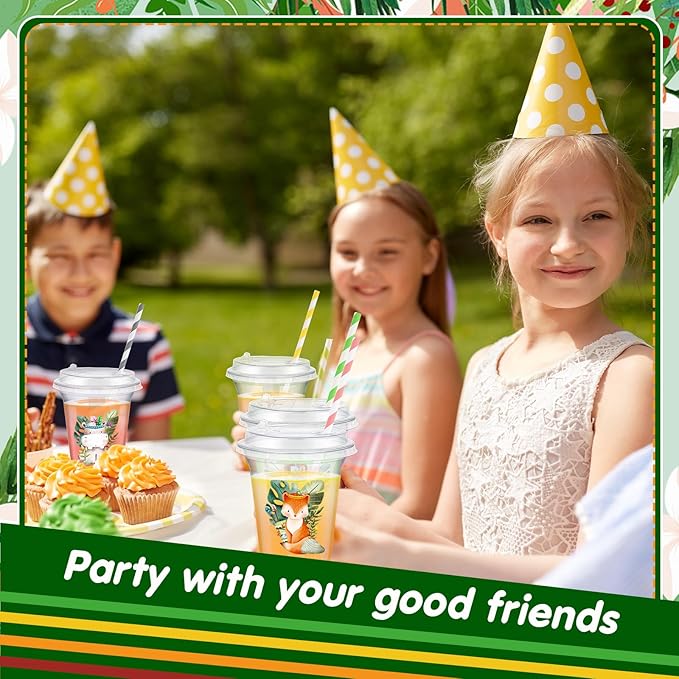 Boao 36 Set Jungle Safari Animal Themed Party Favors Plastic Cups 14 oz Birthday Party Supplies Cups with Plastic Lids and Paper Straws for Jungle Safari Animal Theme Birthday Gift