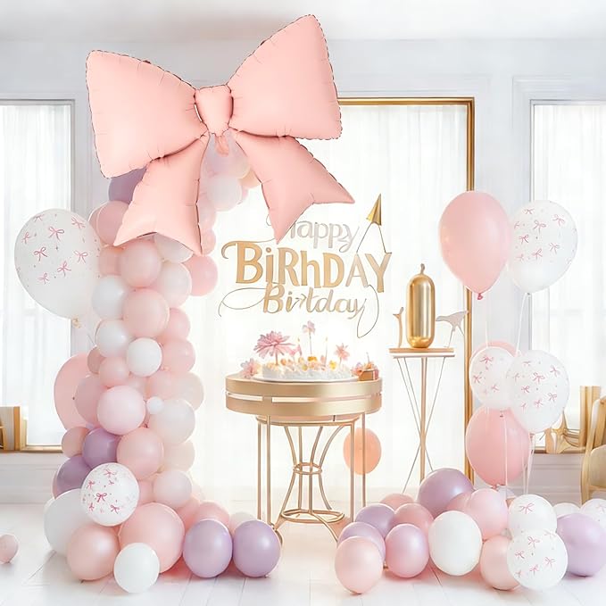 112Pcs Pink Bow Birthday Decorations Balloons Table Cloth Set for Party, 100PCS 12" Pastel Light Pink Bow Print Coquette Balloon, 4PCS 38" Giant Pink Bow Balloons, 3PCS Decor Tablecloths Girls Women