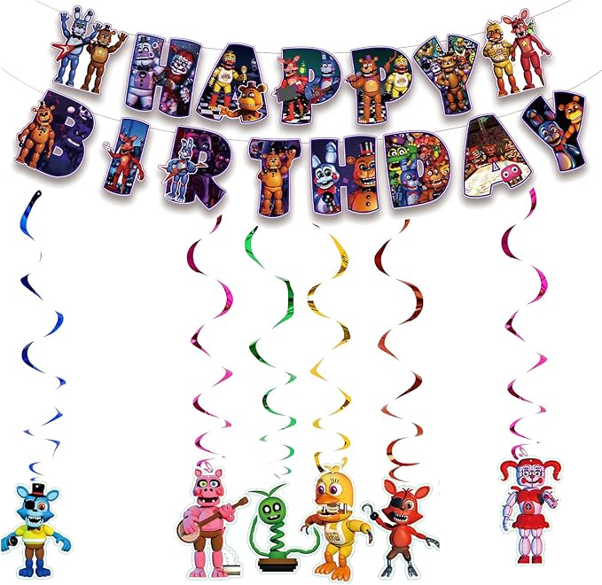 13Packs Five Nights party supplies Include 12 pcs Hanging Swirls and 1 Happy Birthday Banner for Five Nights party Decoration