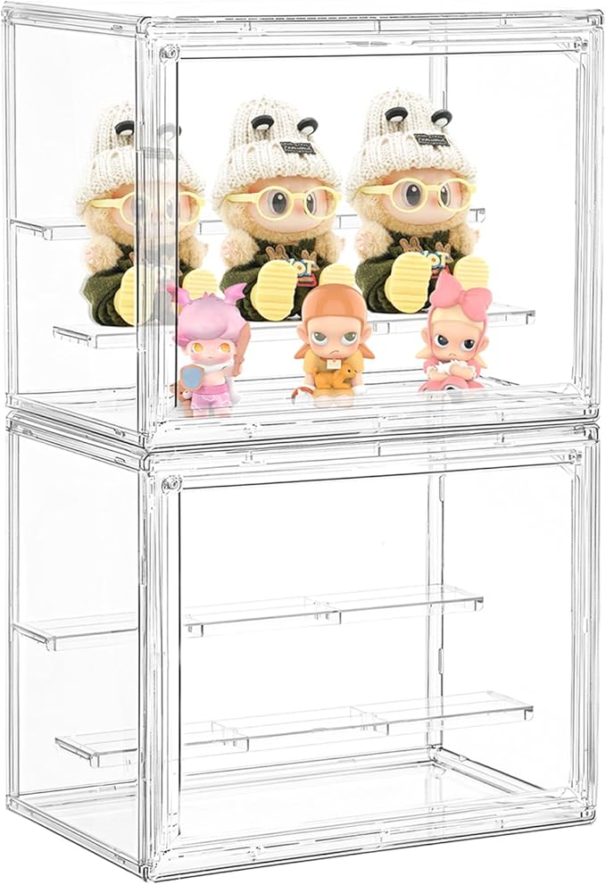Small Acrylic Display Case for Collectibles 3 Layer Adjustable Display Case with Magnetic Door Clear Stackable Display Box for Mini Figures, 2 Pack