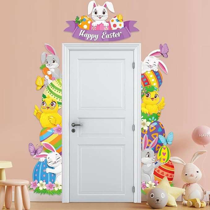 Namalu 3 Pcs Happy Easter Porch Banners Cute Bunny Chicken Egg Door Decorations Easter Porch Sign for Front Door Window Wall Decor Spring Birthday Party Supplies