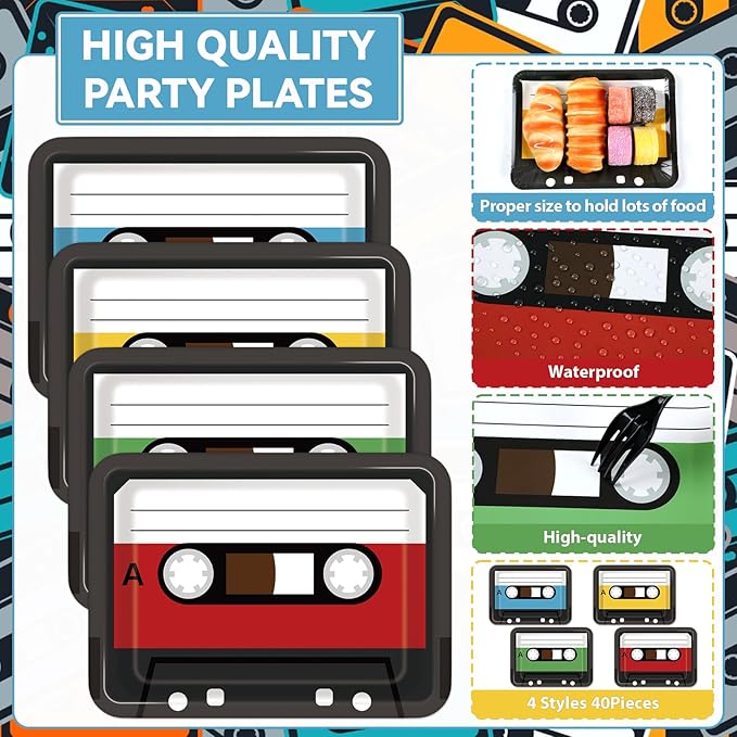40PCS Cassette Tape Plates 70s 80s 90s Party Decorations 10 x 7 Inch Retro Square Paper Plates Tableware Music Themed Party Disposable Dinnerware for Retro Disco Hip Hop Kpop Theme Birthday Supplies