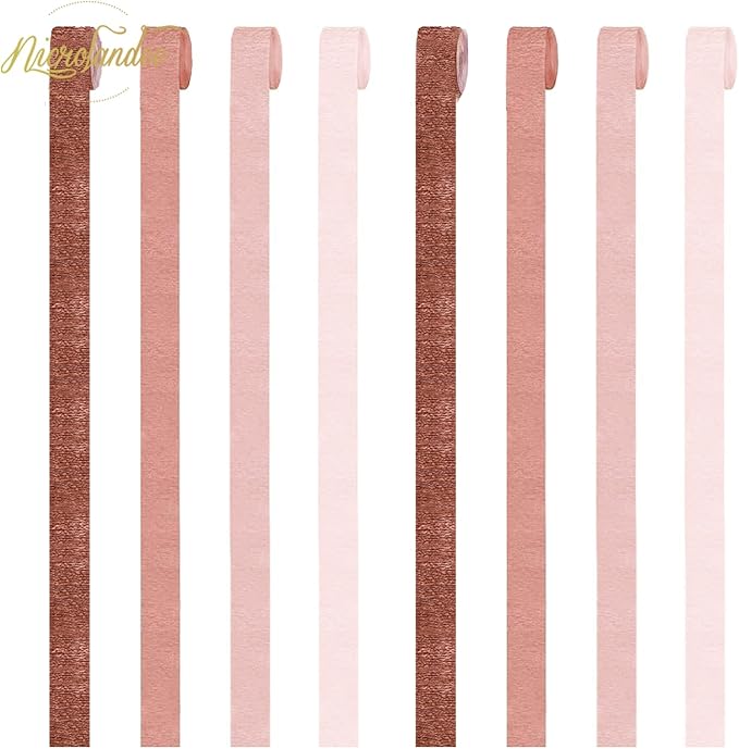 NICROLANDEE Wedding Party Supplies - 8 Rolls Rose Gold Crepe Paper Streamers Tassels Streamer Paper for Wedding Valentine's Day Birthday Baby Bridal Shower Family Gathering Decorations, 82ft Long
