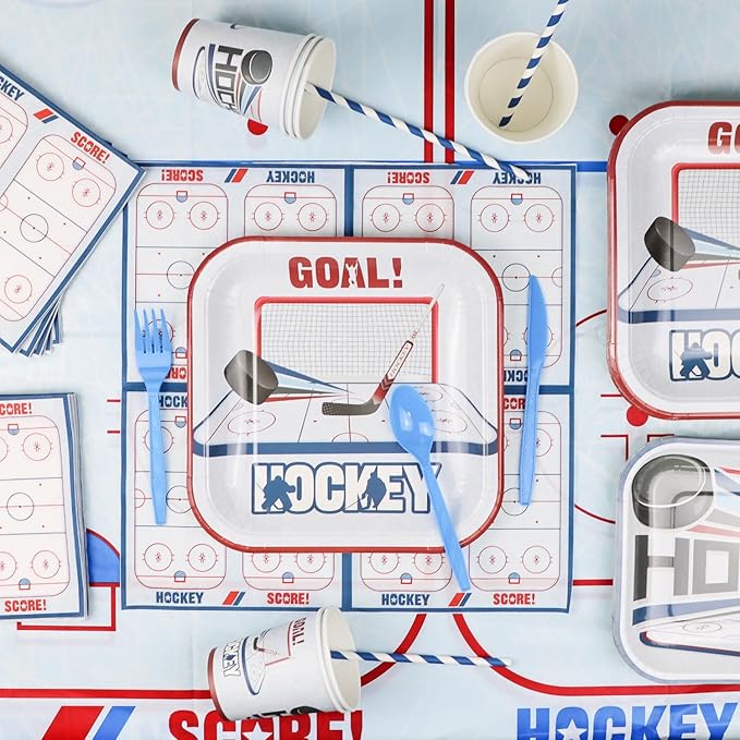 162Pcs Hockey Party Decorations - Including Hockey Theme Plates, Napkins, Cups, Birthday Banner for Ice Hockey Party Decoration Kids Party Supplies, Serve 20
