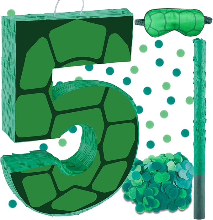 16 Inch Turtle Number 5 Pinata, Turtle Birthday Decorations, Turtle Theme Pinata with 16 Inch Stick Blindfold Confetti for Boy Girl Kids 5th Birthday Party Supplies(5th)