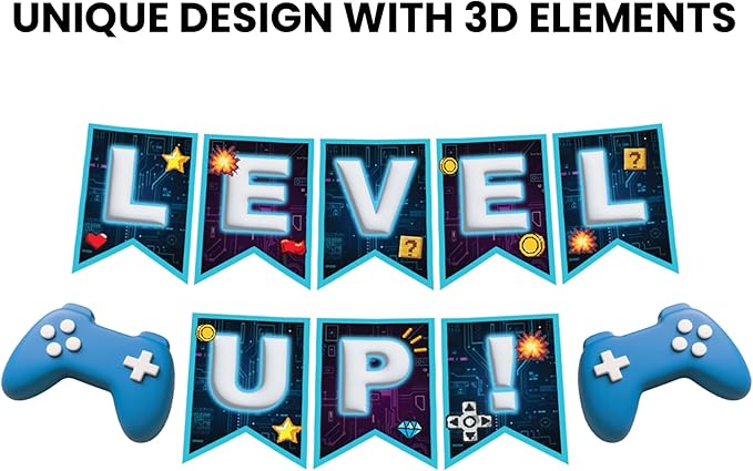 Indotribe Level Up Banner - 10ft Preassembled Ready To Use Level Up Party Decorations Level Up Sign Video Game Party Decoration Happy Birthday Banner Game On Video Game Birthday Decorations