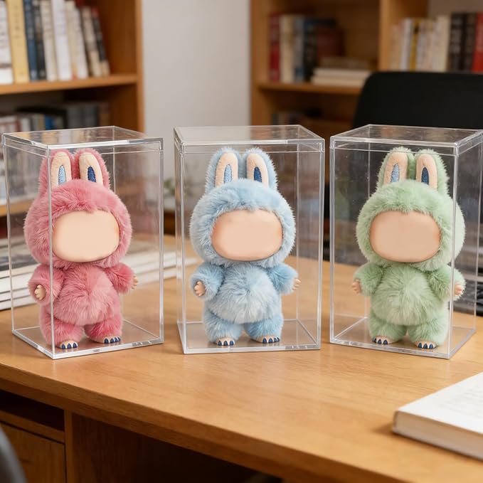 3 Pack Clear Plastic Stackable Display Case with Lid Display Case Compatible with Labubu POP MART Acrylic Clear Display Box Shelf Figure Display Case for Plush Collectibles Action Figures