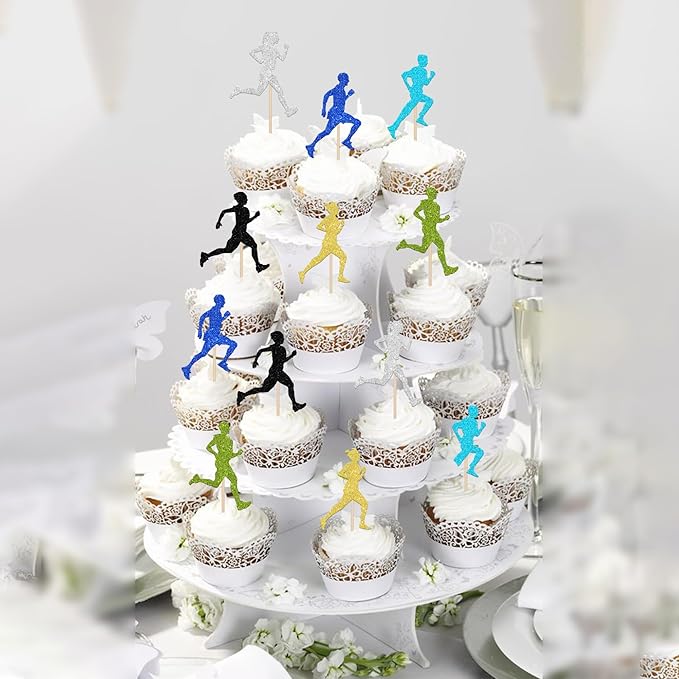 24 PCS Running Cupcake Toppers Colorful Glitter Sports Fitness Cupcake Picks for Running Theme Boys Girls Marathon Birthday Party Cake Decorations Supplies