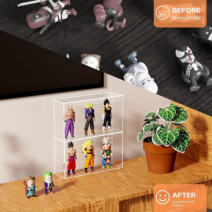 Acrylic Display Case - 2 Layer Clear Display Case for Funko Pop Action Figures - Wall Mounted or Desktop Dustproof Display Cabinet Shelf for Labubus Collectibles Mini Toys