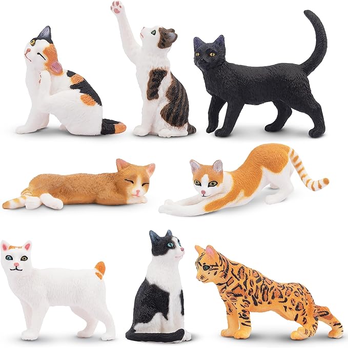 Toymany 8PCS Realistic Cat Figurines, Educational Cat Figures Toy Set, Kitten Cake Topper Easter Egg Birthday Gift for Kids Boys Girls Children