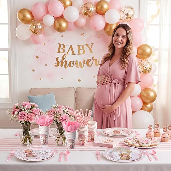450 Pcs Pink Bear Baby Shower Tableware Set Decorations We Can Bearly Wait Paper Plates Napkins Cups Cutlery Straws for Pink Baby Shower Gender Reveal Birthday Party Supplies, Serves 50
