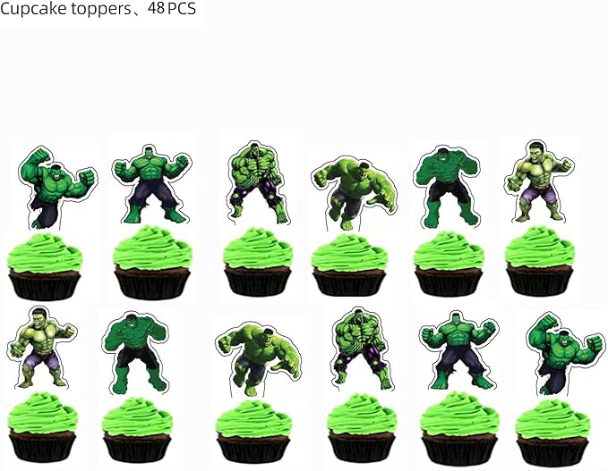 HUA Party Hulk Cake Topper, 48 Pcs, Superhero Birthday Party Supplies Decorations