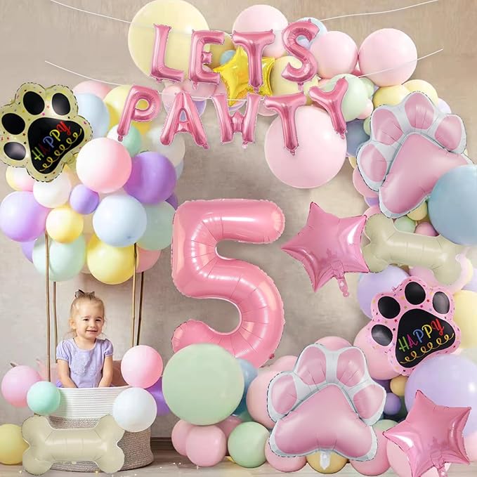 5th Dog Balloons 18pcs Lets Pawty Balloons Dog Paw Birthday Decor Pink 32 inch Pink Number Balloons 5 Mylar Foil Balloons for Lets Pawty Birthday Decorations Dog 5th Birthday Party Supplies
